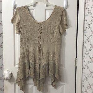 New Boho Sacred Threads L/XL Beige Asymmetrical Embroidered Versatile Tunic Top.